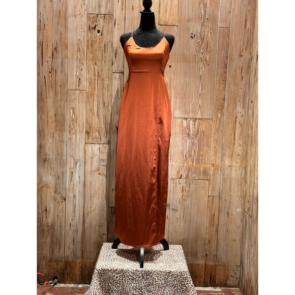 Steele Womens Burnt Orange Slip Maxi Dress With Tie-Back Thigh Slit And Spaghett - Picture 1 of 10